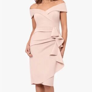 NWT Xscape Off the Shoulder Dress in Light Pink, Size 10.